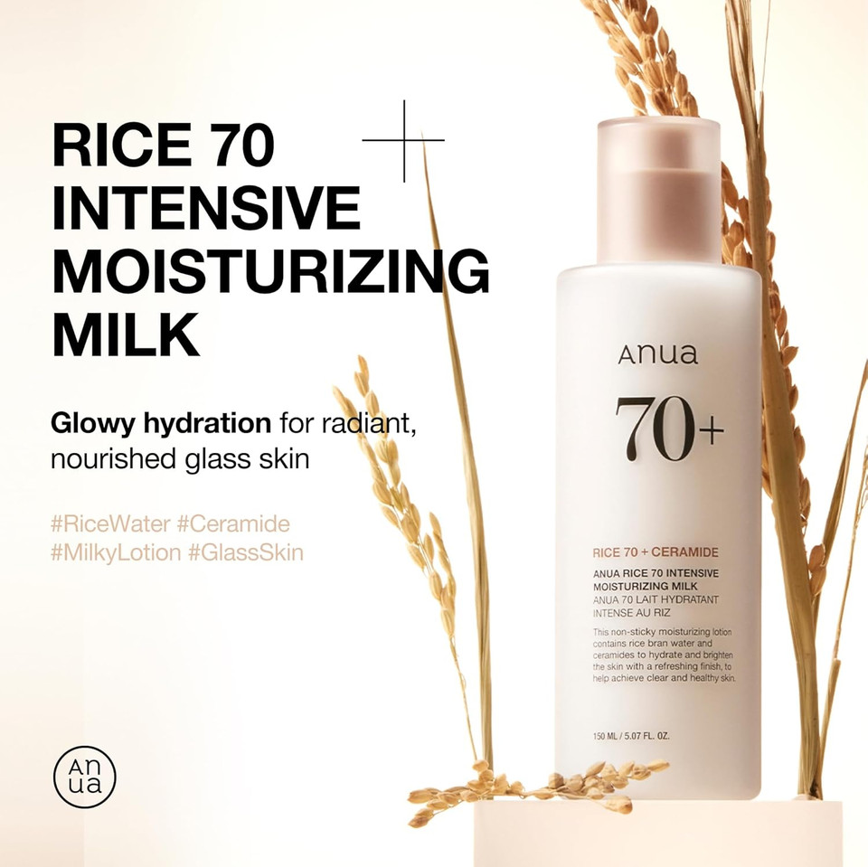 ANUA Rice 70 Intensive Moisturizing Milk, Lotion for Deep Hydration and Nourishing, Glowy Glass Skin, Rice Water, Niacinamide, Ceramides, Lightweight, Korean Skincare, 150ml/5.07fl.oz