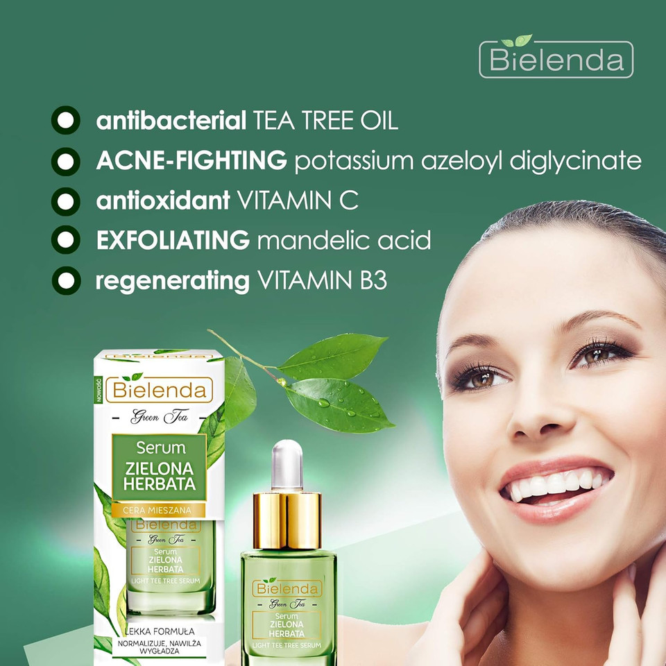 Bielenda Green Tea - Anti-Blackhead Anti-Acne And Skin Renewal Effect Reduce Visibility Of Pores Regulates The Secretion Of Sebum Makes Pores Appear Smaller-Green Tea Face Serum - 15 ml