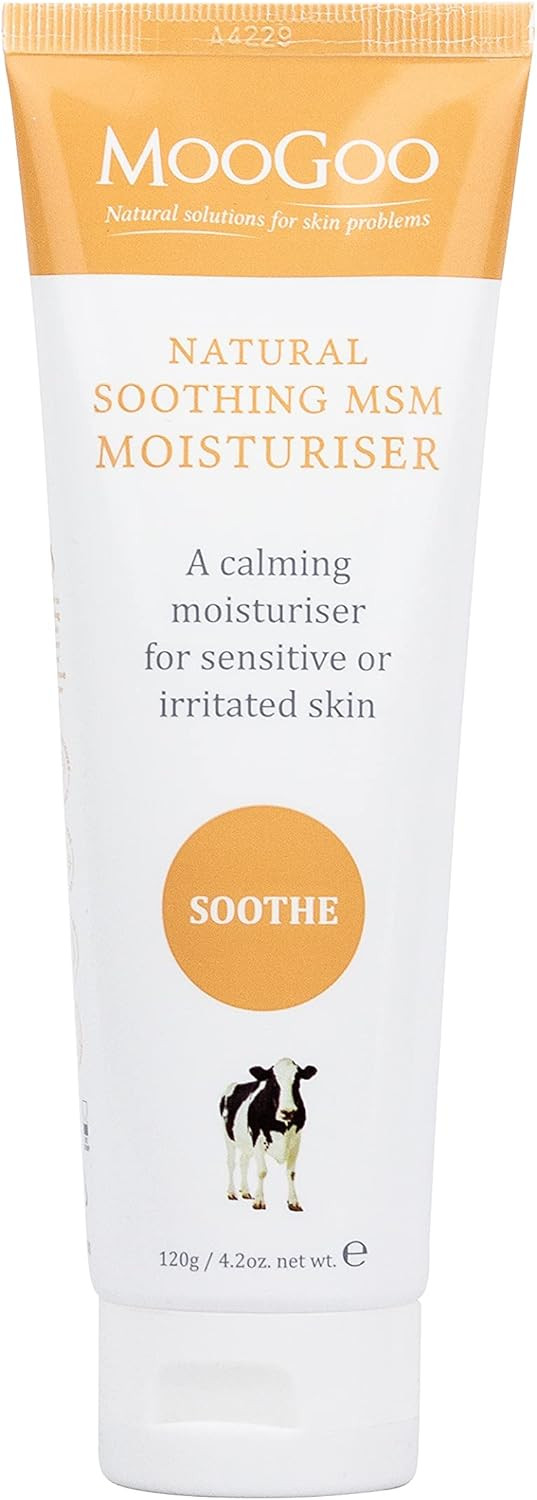 MooGoo Soothing MSM Moisturiser - Calming Face & Body Moisturiser for Sensitive, Red or Sunburnt, Irritated Skin Including Eczema, Psoriasis & Rosacea 120g / 4.2oz