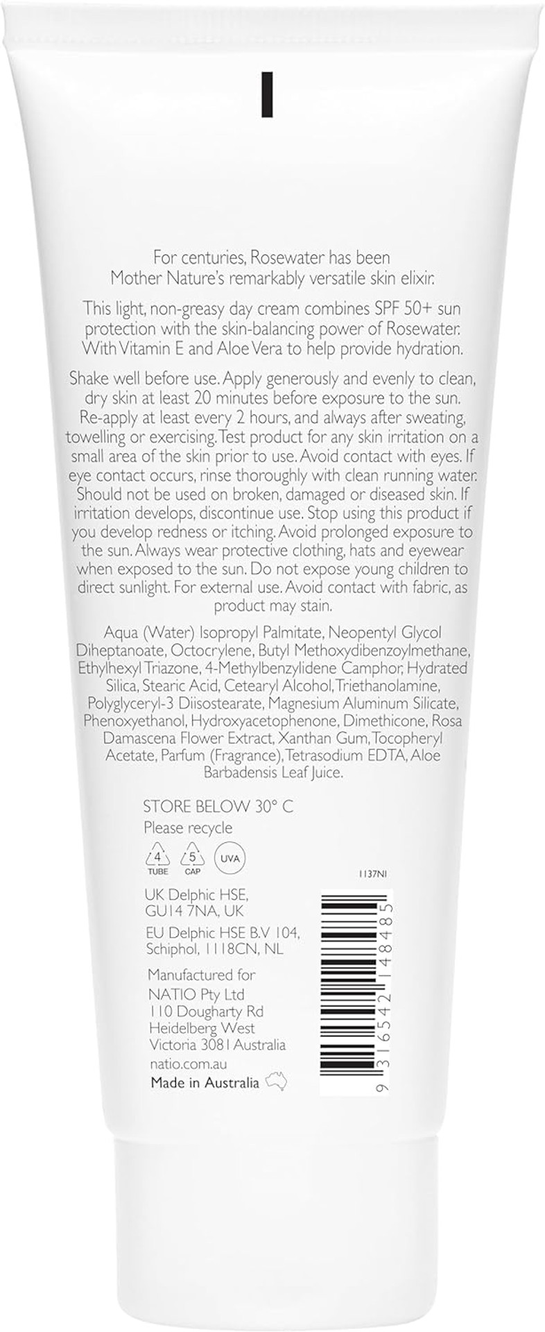 Natio Australia Rosewater Hydration Moisture Balance Day Cream SPF 50, 90 ml - Face Sunscreen Moisturiser with Rose, Aloe - Sunscreen for Face