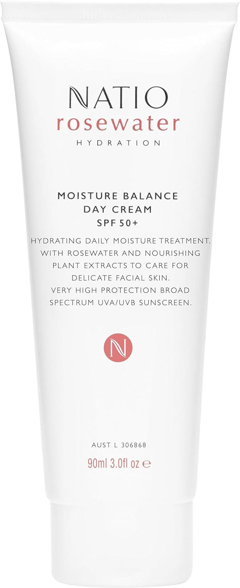 Natio Australia Rosewater Hydration Moisture Balance Day Cream SPF 50, 90 ml - Face Sunscreen Moisturiser with Rose, Aloe - Sunscreen for Face