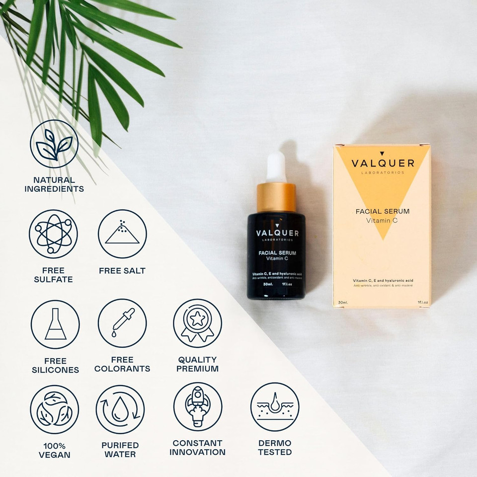 Valquer Anti-aging Facial Serum with Vitamins C, E & Hyaluronic Acid. Hydrates, protects, and reduces wrinkles with natural antioxidants. Vegan, revitalizing, for all skin types. 30 ml