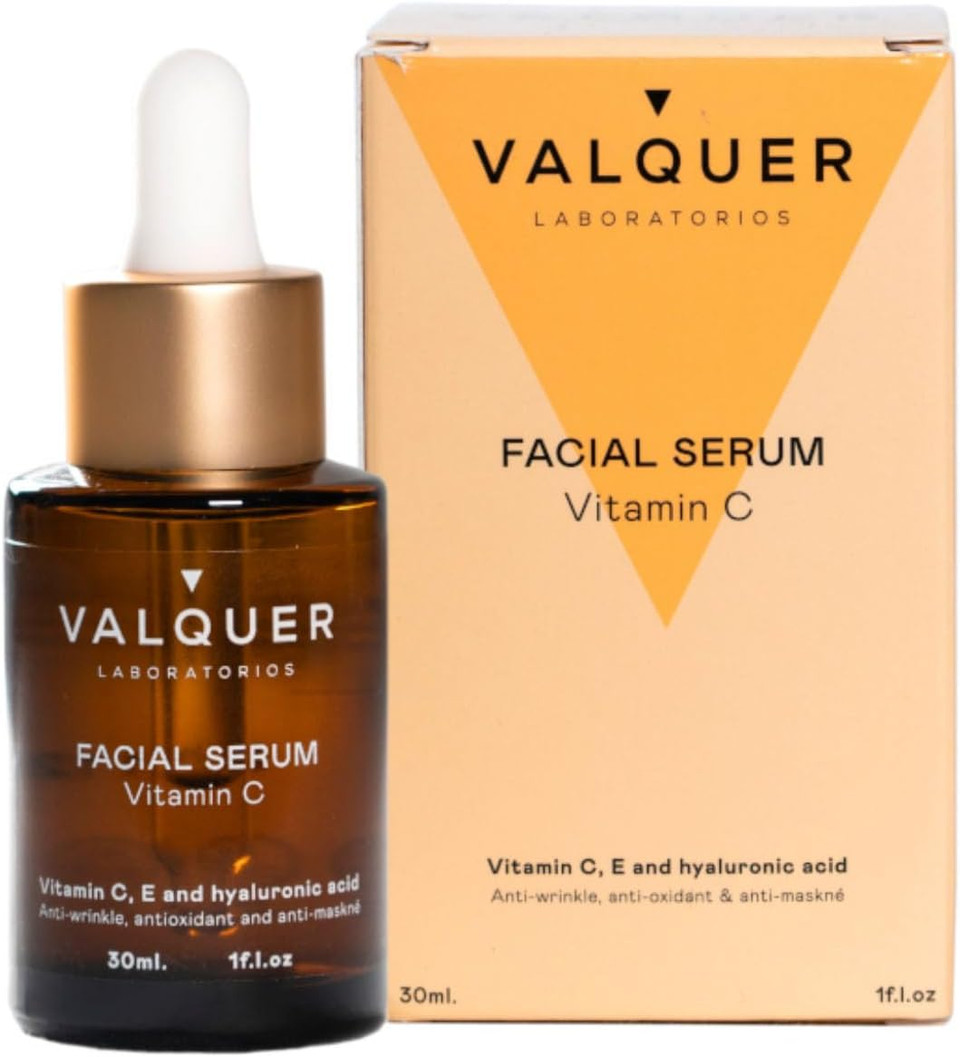 Valquer Anti-aging Facial Serum with Vitamins C, E & Hyaluronic Acid. Hydrates, protects, and reduces wrinkles with natural antioxidants. Vegan, revitalizing, for all skin types. 30 ml