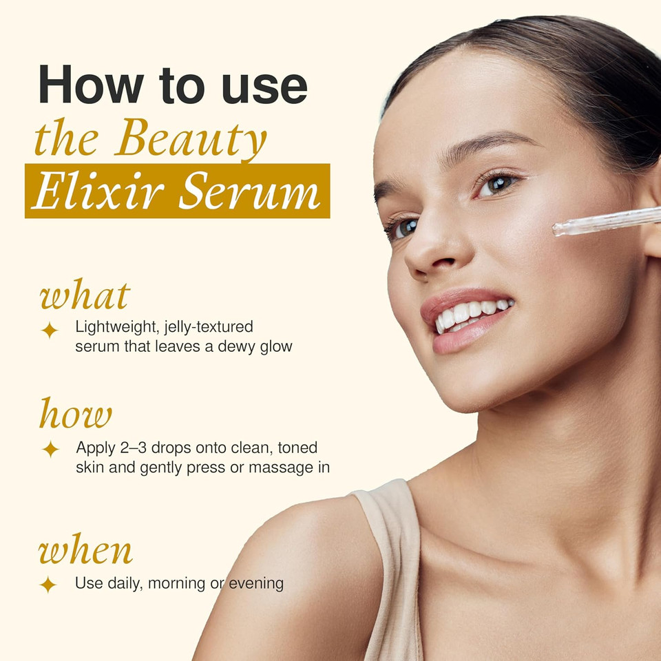 Beauty Elixir 24k Gold & Collagen Face Serum - Lightweight, Wrinkle Free and Deeply Moisturising Treatment; Clean and Cruelty Free Korean Skin Care for All Skin Types; Tested