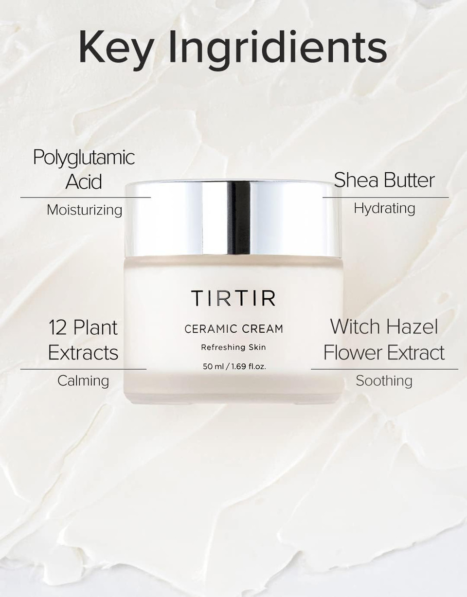 TIRTIR Natural Ceramide Cream | Deep moisturizer for Glass Skin, Polyglutamic acid, Centella Asiatica Extract, Skin barrier, Nature derived ingredients, Dry skin, Korean skincare (50ml, Light)