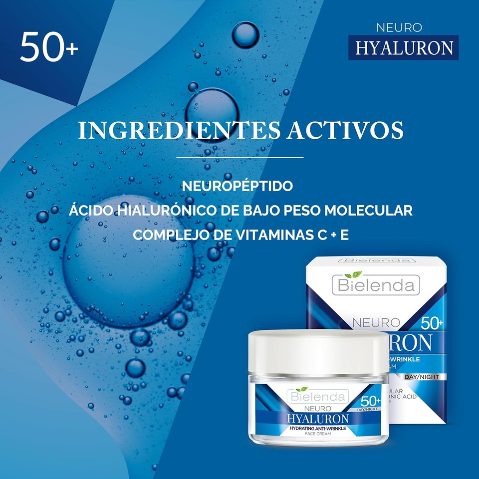 Bielenda Neuro Hyaluron 50+ Hydrating Anti-Wrinkle Cream with Hyaluronic Acid and Vitamins C & E, Anti-Ageing Facial Care, Day/Night, 50 ml Bielenda Neuro Hyaluron 50+ Hydrating Anti-Wrinkle Cream with Hyaluronic Acid and Vitamins C & E, Anti-Ageing Facial Care, Day/Night, 50 ml