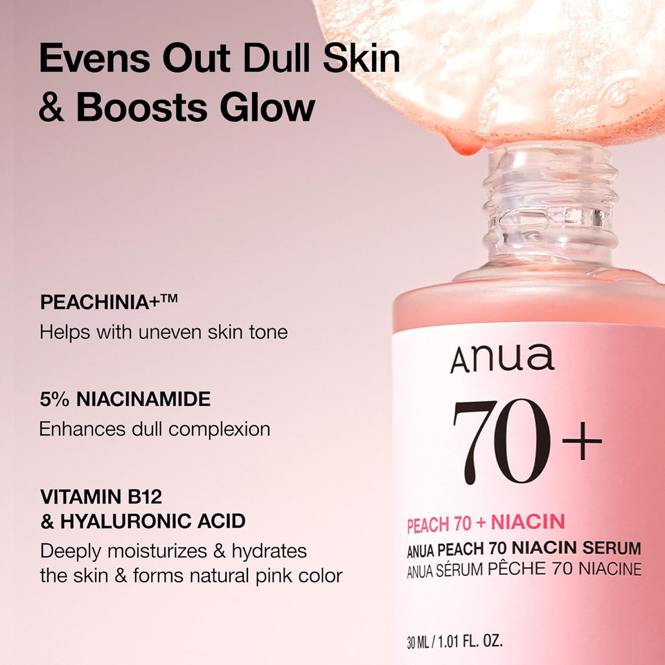 ANUA Peach 70 Niacinamide Serum, Lightweight Hydration for Dry Skin, Vitamin B12, Hyaluronic Acid, Glass Skin, Dewy Finish, Natural Pink Color, Korean Skin Care, 30ml/1.01 fl.oz