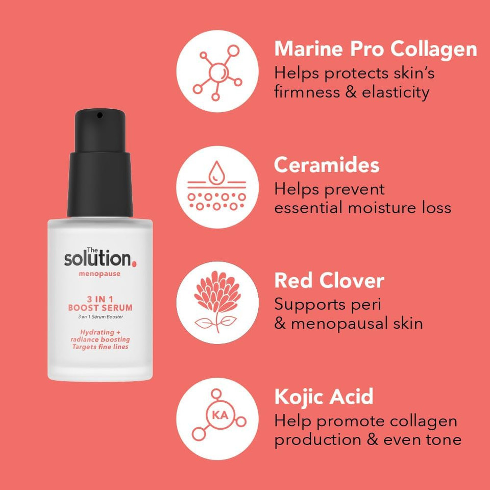 The Solution Menopause 3 in 1 Boost Serum (30ml). Dermatologically Tested Anti Aging Skin Care, Super Hydrating Collagen Serum for Face, Vegan & Cruelty Free Anti Aging Serum for Face