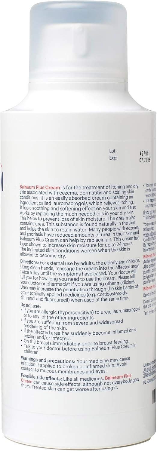 Balneum Plus Cream - Intensive Hydration for Dry Skin - Suitable for Children and Adults - Moisturises and Soothes Itchy Skin, For All-Day Moisture Lock - 500g