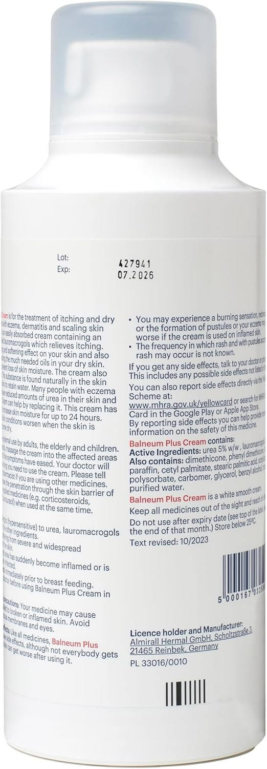Balneum Plus Cream - Intensive Hydration for Dry Skin - Suitable for Children and Adults - Moisturises and Soothes Itchy Skin, For All-Day Moisture Lock - 500g