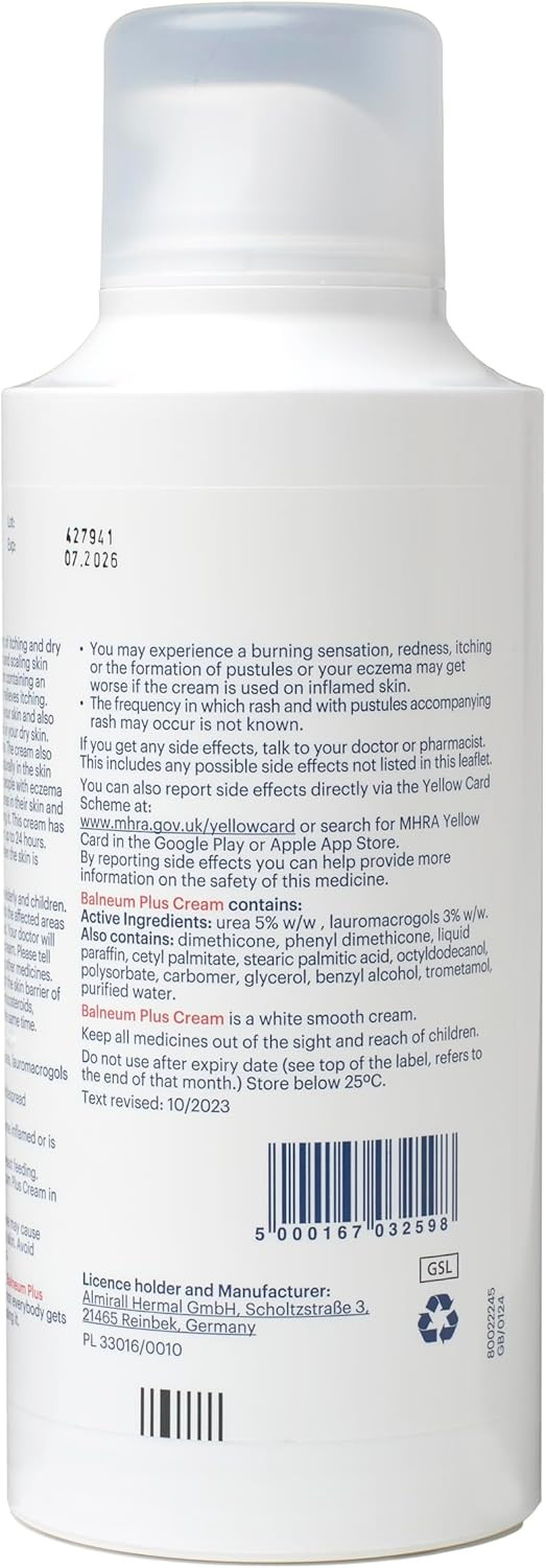 Balneum Plus Cream - Intensive Hydration for Dry Skin - Suitable for Children and Adults - Moisturises and Soothes Itchy Skin, For All-Day Moisture Lock - 500g