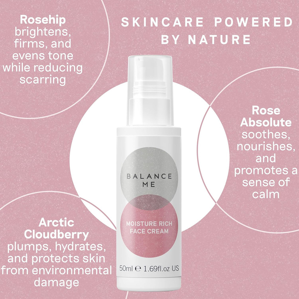 Balance Me Moisture Rich Face Cream 100ml, Dry Skin Moisturiser with Rosehip for Hydrating, Anti Redness and Sensitive skincare