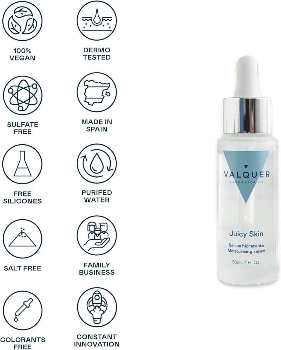 Valquer Laboratories Moisturising Facial Serum With Bamboo Water And Hyaluronic Acid Super Moisturising 98% Natural Ingredients All Skin Types - 30ml