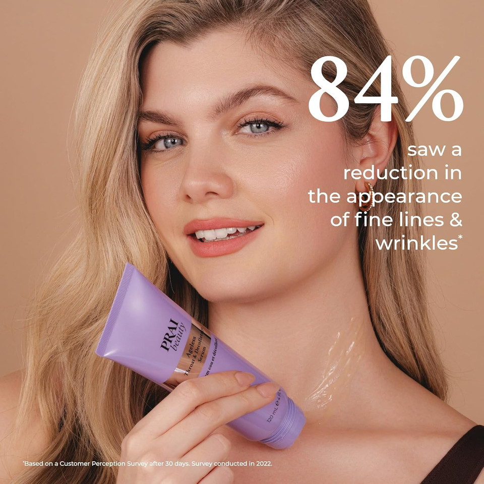 PRAI Ageless Throat & Decolletage Serum 120ml with Rollerball Applicator - Anti-Ageing, Collagen Boosting Skincare - Firms Skin, Smooths Wrinkles, Boosts Collagen, Lifts & Hydrates Neck & Decolletage