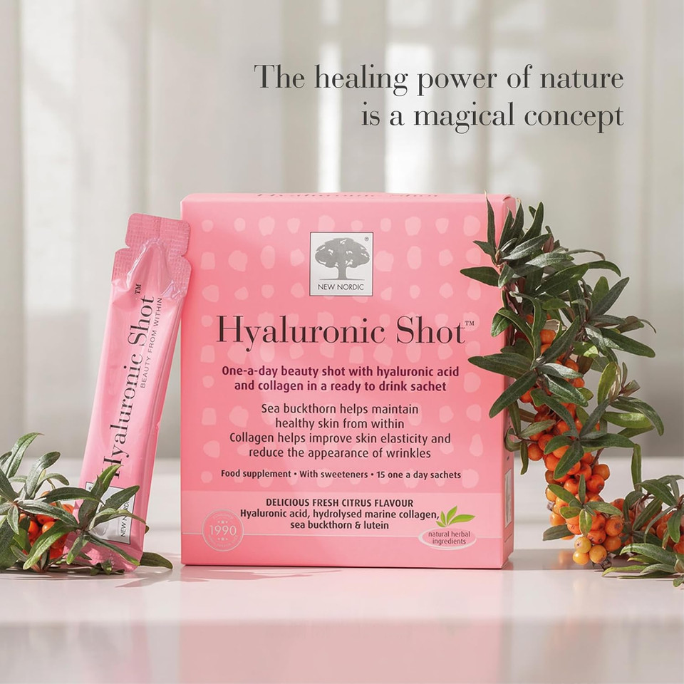 New Nordic Hyaluronic Shot with Marine Collagen Supplement to Improve Skin Elasticity & Reduce Wrinkles, Ready to Drink, Citrus Flavour, 15 Sachets