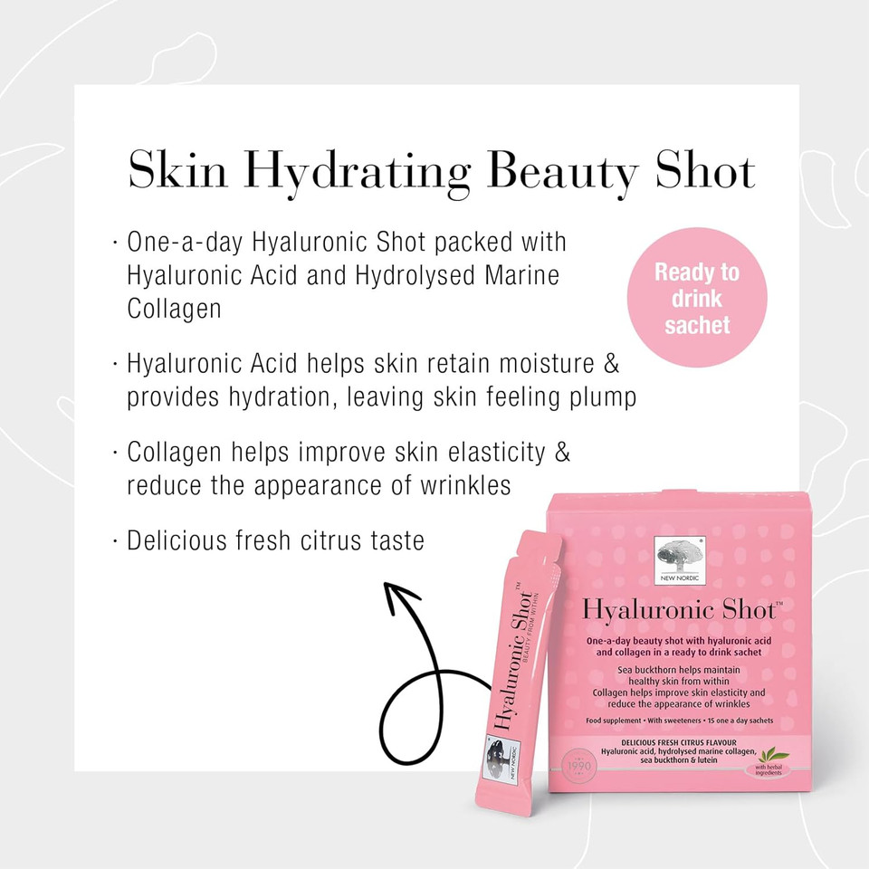 New Nordic Hyaluronic Shot with Marine Collagen Supplement to Improve Skin Elasticity & Reduce Wrinkles, Ready to Drink, Citrus Flavour, 15 Sachets