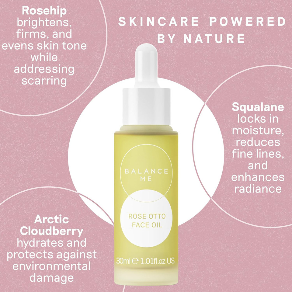 Balance Me Rose Otto Face Oil 30ml, Dry Skin Face Moisturiser with Rosehip, Skin Care for Anti Redness and Acne Scarring, Vegan Cruelty Free
