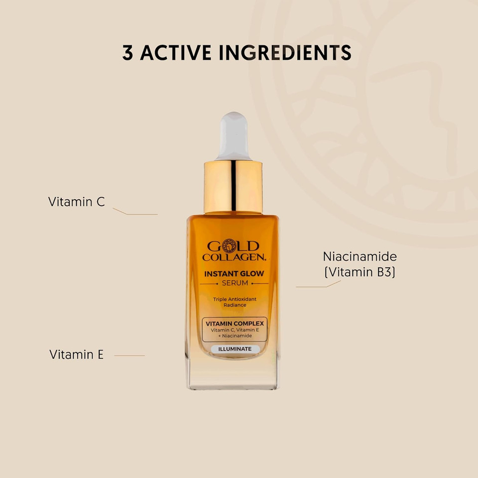 GOLD COLLAGEN Instant Glow - Vitamin C, Vitamin E, Glycerine & Niacinamide Serum Pore Minimizer & Moisturiser Skincare, Anti Aging Face Serum Against Wrinkles, Triple Antioxidant Action Skin Care 30ml