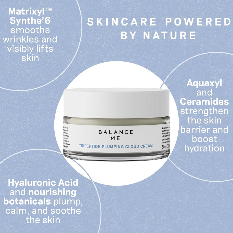 Balance Me Tripeptide Plumping Cloud Cream 50ml, Day Moisturiser with Ceramides and Hyaluronic Acid, Collagen For Anti Aging and Anti Wrinkle