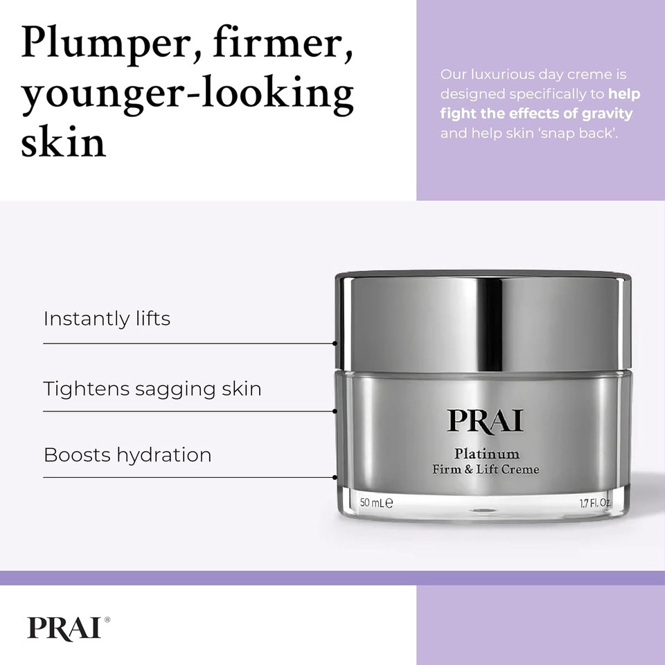 PRAI Platinum Firm & Lift Day Creme 50ml - Hydrating Moisturiser With Nulastic Silk, Platinum & Idealift - Plumps, Firms & Lifts Skin - Reduces Appearance of Wrinkles - Instant Firming Technology