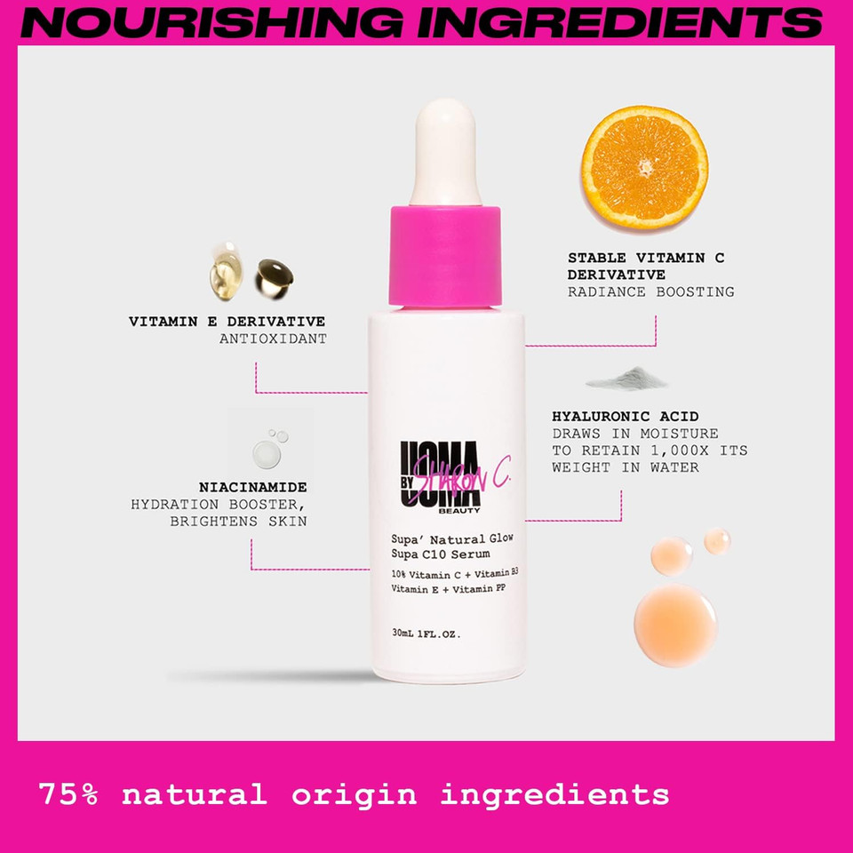 UOMA Vitamin C Serum by Sharon C. Supa Natural Glow (C20) Serum for Face with Hyaluronic Acid + Niacinamide + Vitamin E. Glow Boosting Face Moisturiser for Women & Men. Vegan Face Serum 30ml