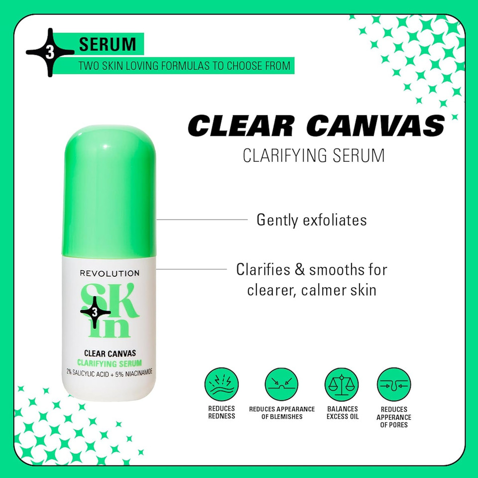 Revolution Skin, Clear Canvas 5% Niacinamide & 2% Salicylic Acid Clarifying Serum, Face Serum, Helps Blemishes, Vegan & Cruelty-Free, 30ml