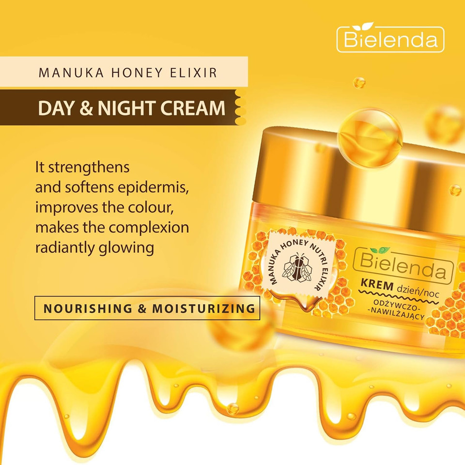 Bielenda Manuka Honey Nutri Elixir - Smooth Radiant Skin - Pores Are Tightened Imperfections Reduced - Manuka Honey Nourishing And Moisturizing Face Cream Day/Night For Dry And Sensitive Skin - 50 ml