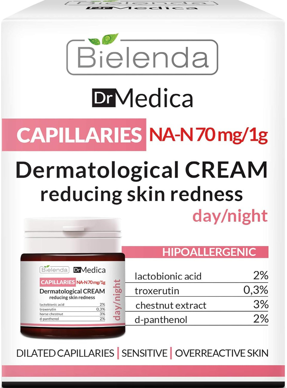 Bielenda Dr Medica - Reduces Skin Redness, Prevents The Formation Of New Veins Enhances Elasticity Of Capillaries - Dr Medica Capillary Skin Dermatologic Anti-Redness Face Cream Day/Night - 50 ml