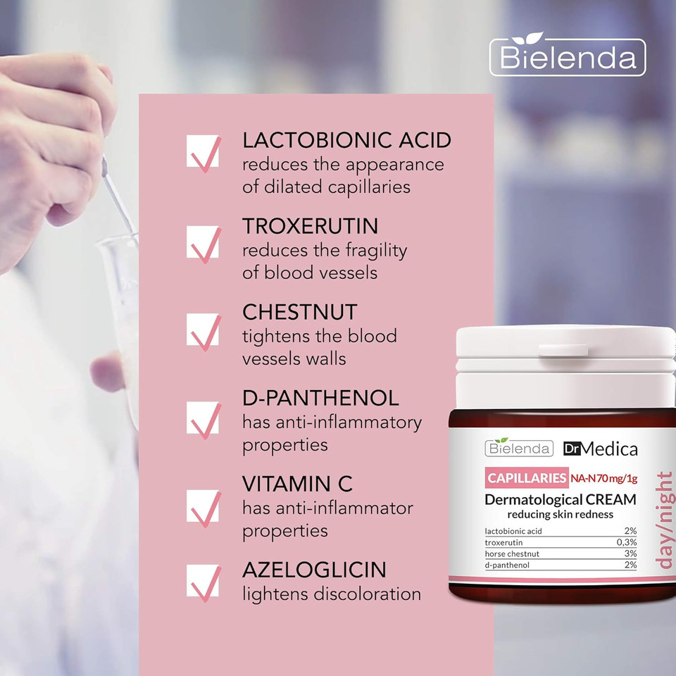 Bielenda Dr Medica - Reduces Skin Redness, Prevents The Formation Of New Veins Enhances Elasticity Of Capillaries - Dr Medica Capillary Skin Dermatologic Anti-Redness Face Cream Day/Night - 50 ml
