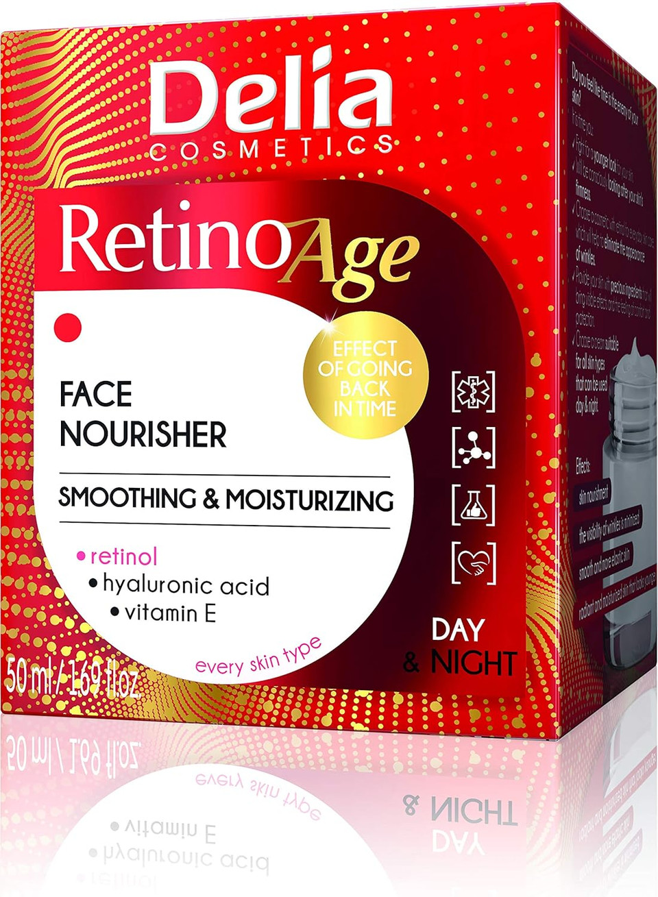 Delia Cosmetics - Retinoage - Face Cream  Retinol, Q10, Shea Butter, Macadamia Oil, Aloe Vera Gel, Vitamin E  Firming, Nourishing, Anti Aging, Day & Night Cream - 50ml