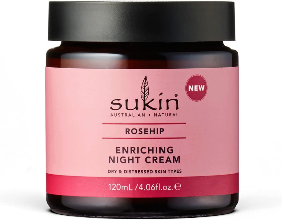 Sukin Rosehip Enriching Night Cream 120ml - with Rosehip Oil & Vitamin C; cruelty free & vegan friendly - to hydrate and improve skin radiance, for dehydrated & mature skin