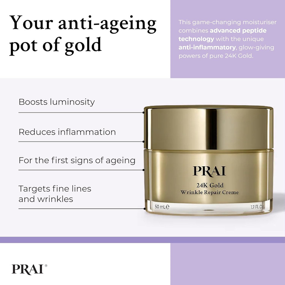 PRAI 24k Gold Caviar Wrinkle Repair Creme 50ml - Intensive Real 24K Gold - Advanced Anti-Ageing Anti-Wrinkle Skincare - Hydrates, Firms, Brightens Skin - With Hyaluronic Acid, Peptides & Sunflower Oil