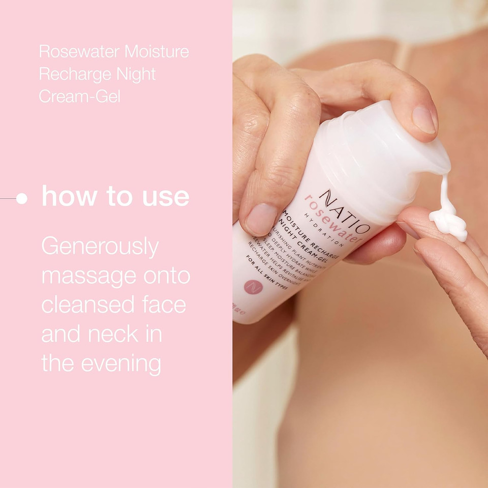 Natio Australia Rosewater Hydration Moisture Recharge Night Cream-Gel, 80 ml - Face Moisturiser with Shea Butter - Face Cream for All Skin Types