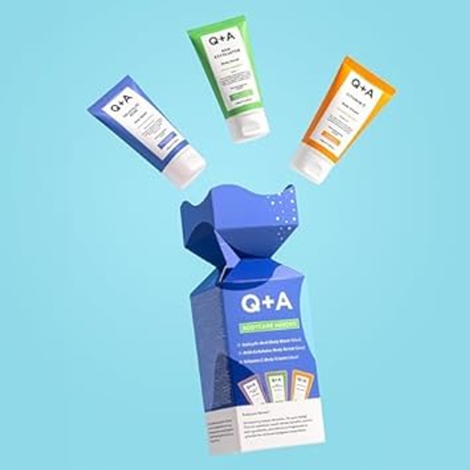 Q+A Bodycare Heroes Giftset - 3-Step Skincare Routine: Salicylic Acid Body Wash, AHA Exfoliator Scrub & Vitamin C Body Cream, Travel Sized 50ml Each, Exfoliate, Smooth & Radiate, Softens Skin