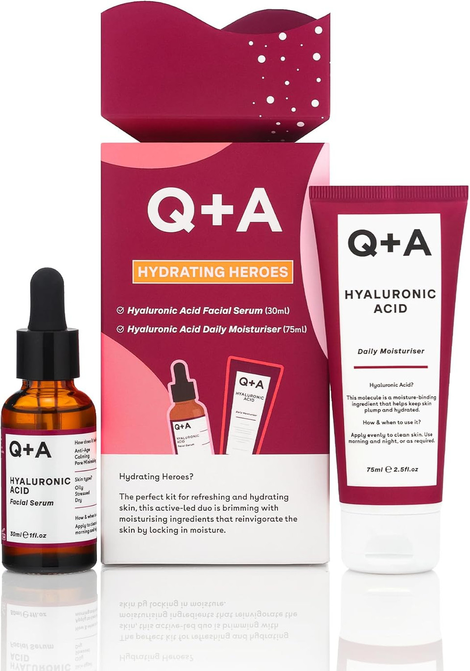 Q+A Hydrating Heroes Skincare Gift Set, Contains Hyaluronic Acid Facial Serum 30ml, Hyaluronic Acid Daily Moisturiser 75ml, Natural Hydration for All Skin Types, Softens & Plumps for Radiant Glow