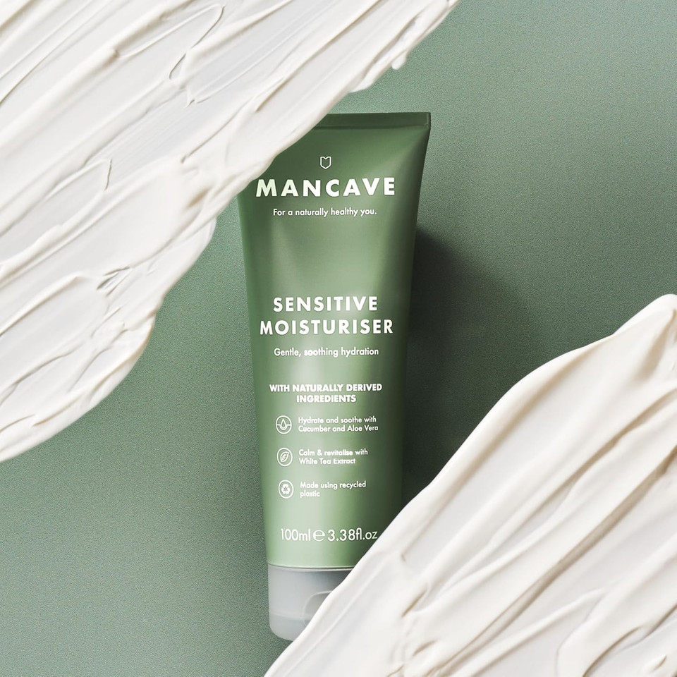 ManCave Sensitive Skin & Body Gift Set, Face Wash, Moisturiser, Shower Gel, Dermatologically Tested, Natural Formulations, Ideal for Travel, Vegan, Made in England, Packaging May Vary