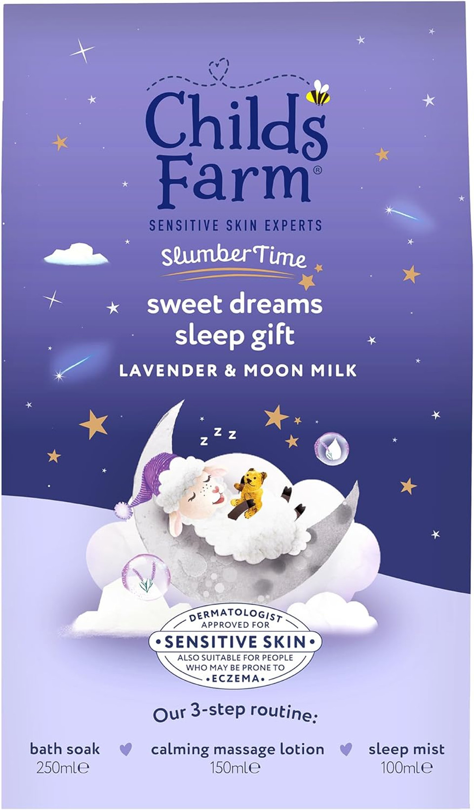 Childs Farm SlumberTime Sweet Dreams Sleep Gift Set | 3-Step Sleep Routine | Lavender & Moon Milk Bath Soak 250ml, Calming Massage Lotion 150ml, Sleep Mist 100ml | Suitable for Dry & Sensitive Skin