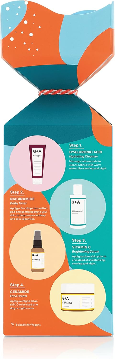 Q+A Skincare Heroes Gift Set, Contains Hyaluronic Acid Hydrating Cleanser 75ml, Vitamin C Brightening Serum 30ml, Ceramide Face Cream 50g, and Niacinamide Daily Toner 100ml