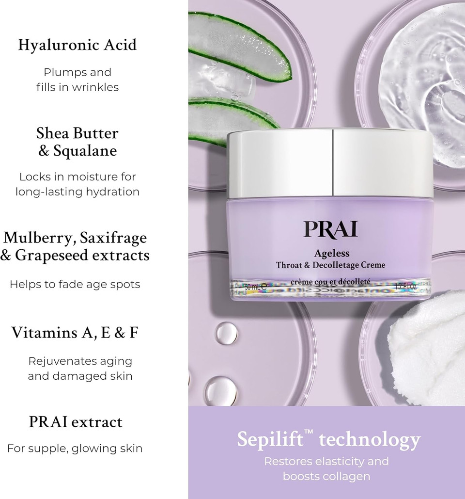PRAI Ageless Throat & Decolletage Creme 30ml - Anti-Ageing, Collagen Boosting Skincare Cream - Tightens & Firms Skin, Reduces Wrinkles - Luxury Neck Moisturiser With Hyaluronic Acid - 7 Day Results
