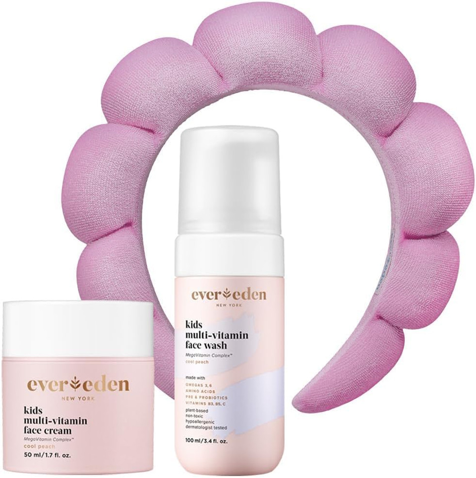 Evereden Kids Face Duo & Spa Headband Set  Multi-Vitamin Face Wash & Cream + Soft Terry Headband  Nourishing Skin Care & Fun Hair Management for Kids 3+  Gentle & Perfect for Skincare Routine