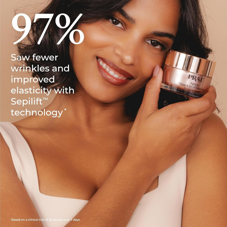 PRAI Ageless Throat & Decolletage Intensive Gold Creme 50ml - Real 24K Gold - Anti-Ageing, Anti-Wrinkle Brightening Skincare Cream - Hydrates & Firms Skin - Neck Moisturiser with Hyaluronic Acid