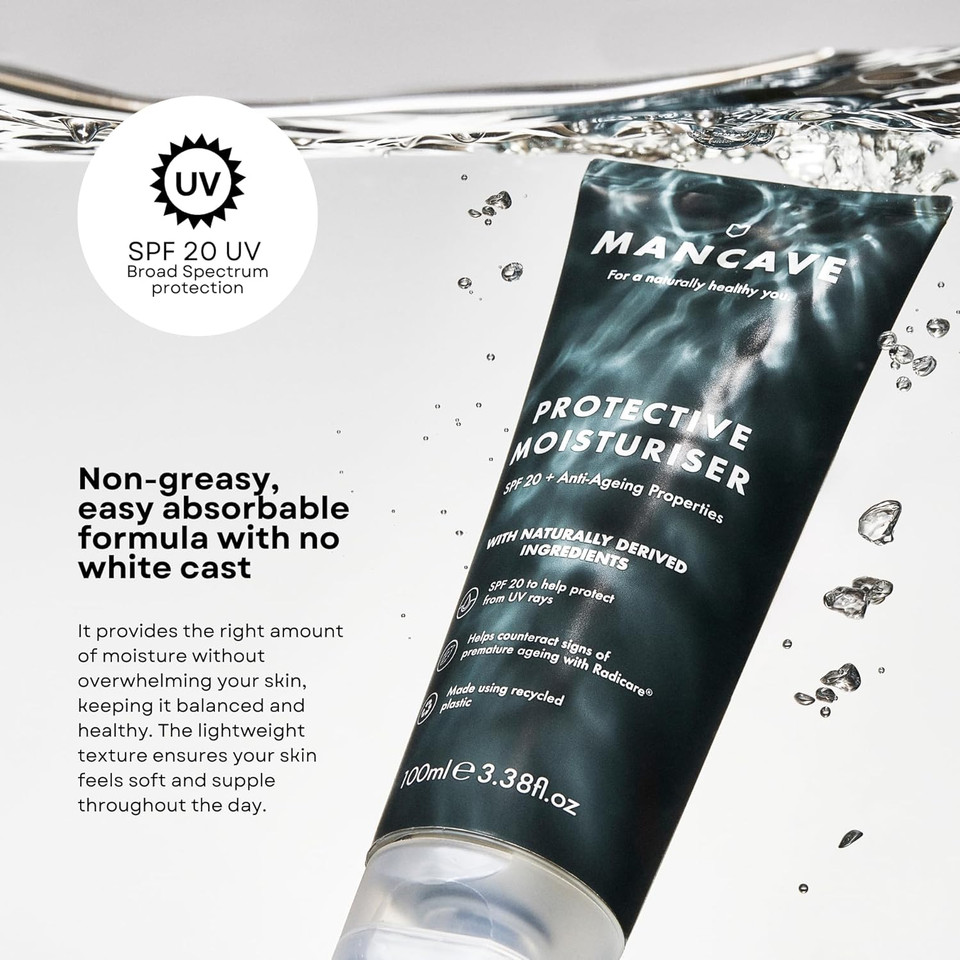 ManCave Hydration+ Skincare Collection Gift Set, SPF 20 Protective Moisturiser, Face Wash, Face Scrub, Hyaluronic Face Serum, Anti-Fatigue Eye Gel, Dermatologically Tested, Natural Formulations, Vegan