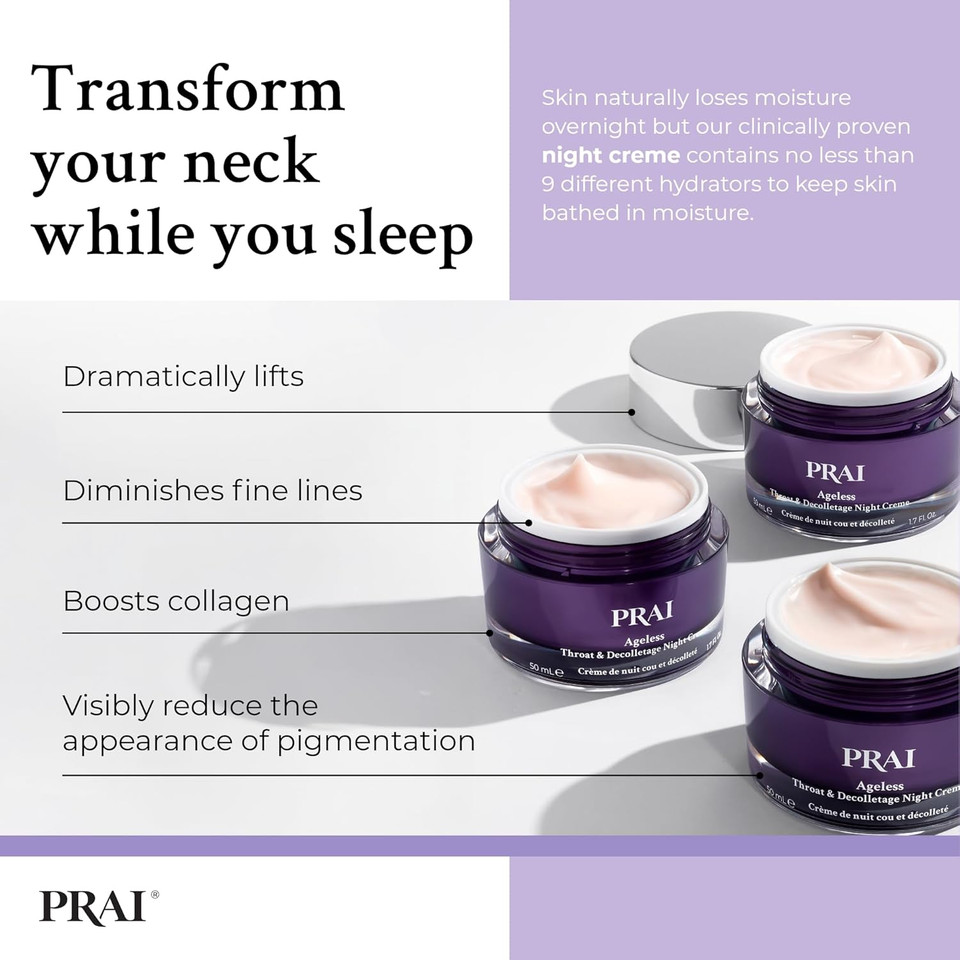 PRAI Ageless Throat & Decolletage Night Creme 118ml - Moisturising & Hydrating Formula, Two Types of Retinol - Brightens & Firms Skin - Anti-Ageing, Anti-Wrinkle Cream - Overnight Recovery Skincare