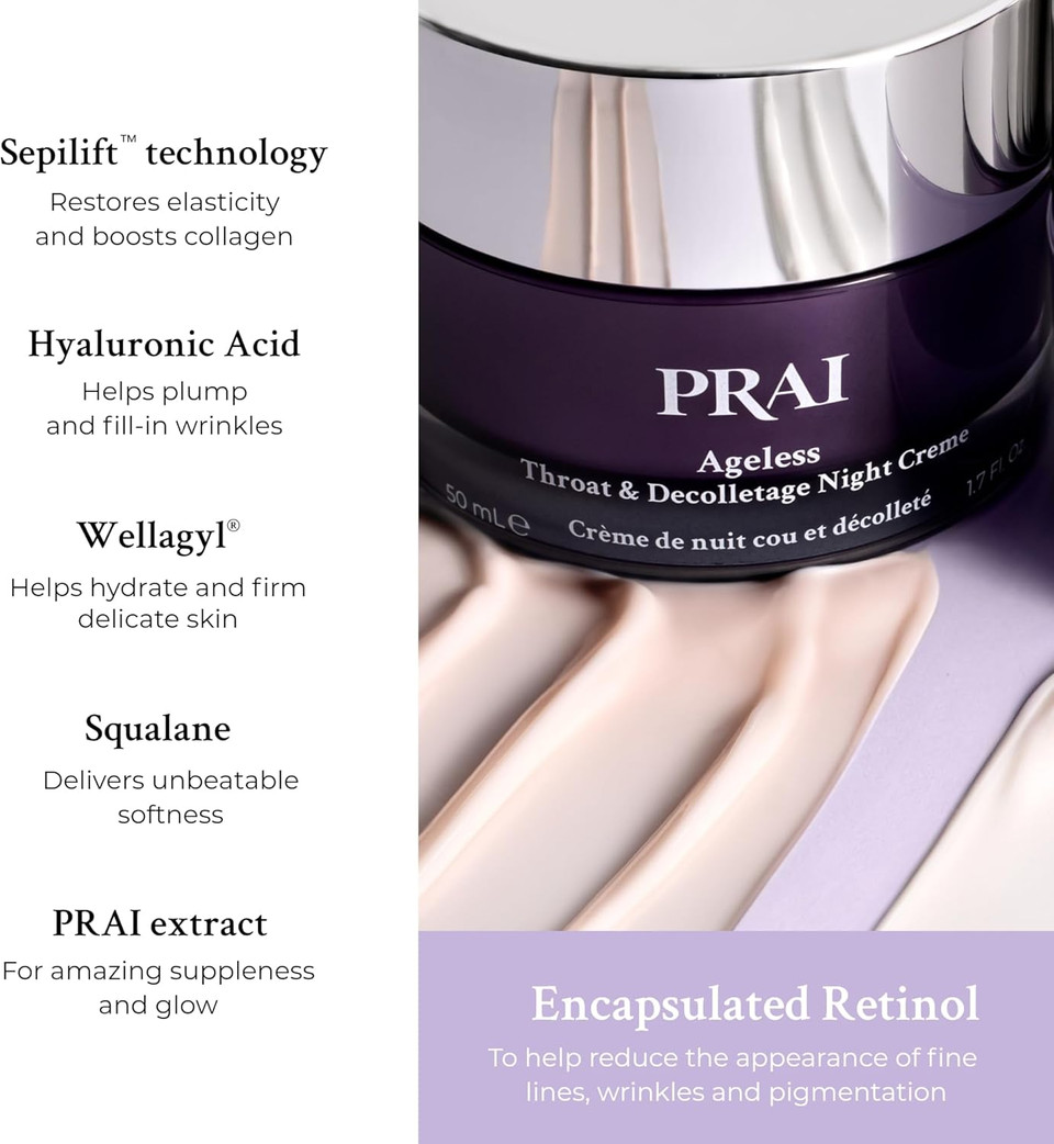 PRAI Ageless Throat & Decolletage Night Creme 118ml - Moisturising & Hydrating Formula, Two Types of Retinol - Brightens & Firms Skin - Anti-Ageing, Anti-Wrinkle Cream - Overnight Recovery Skincare