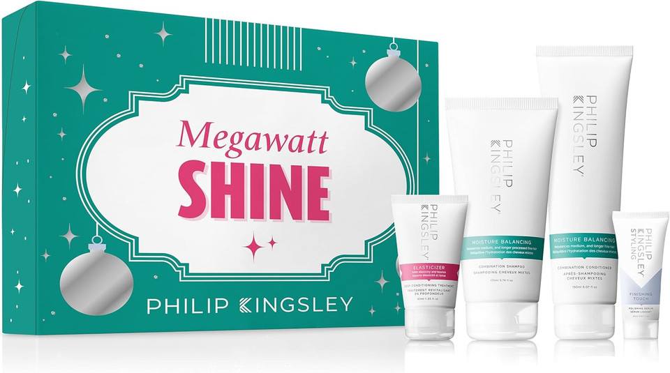 Philip Kingsley Retro Christmas Collection Megawatt Shine, Moisture Balancing Hydrating Shampoo and Conditioner, Elasticizer Deep Conditioning Hair Mask Treatment, Finishing Touch Polishing Serum