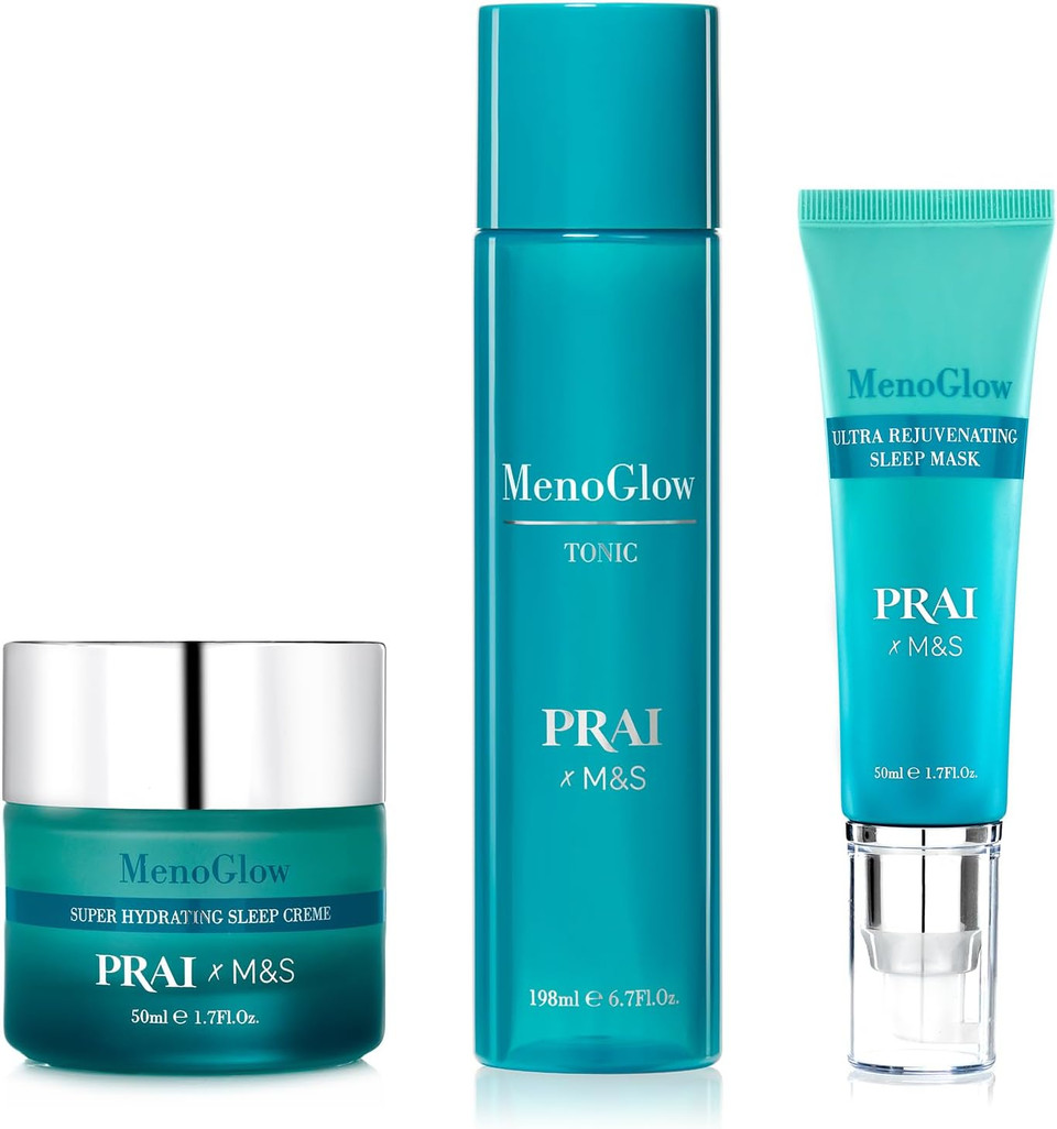 PRAI MenoGlow Set - Super Hydrating Rejuvenating Night Trio Set - Including Hydrating Sleep Creme 50ml - Ultra Rejuvenating Sleep Mask 50ml & MenoGlow Tonic 198ml