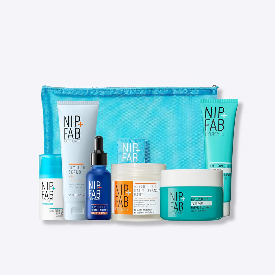 Nip + Fab Exfoliate & Hydrate Gift Set | Smooth Texture and Boost Glow with Glycolic acid | Glycolic Scrub, Concentrate, Pads | Hyaluronic Cream