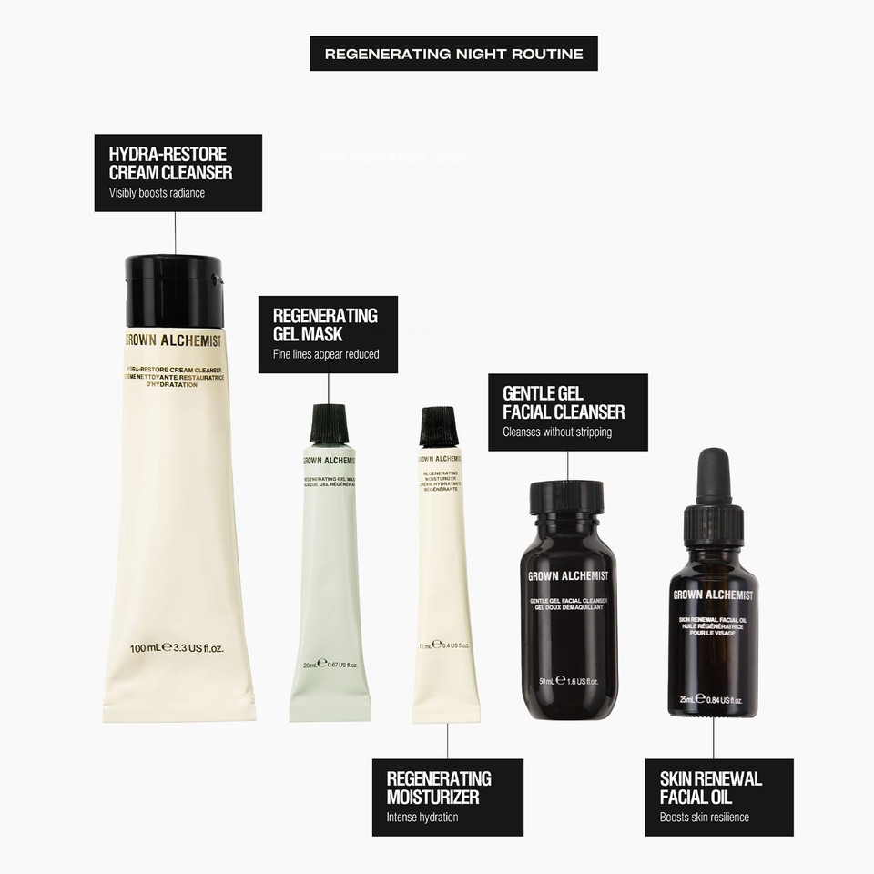 Grown Alchemist Regenerating Night Routine Face Kit - Skincare Set with Gentle Gel and Hydra Restore Cream Cleanser, Mask & Facial Oil - Natural Bioactive Anti-ageing Care - Birthday Gifts for Women