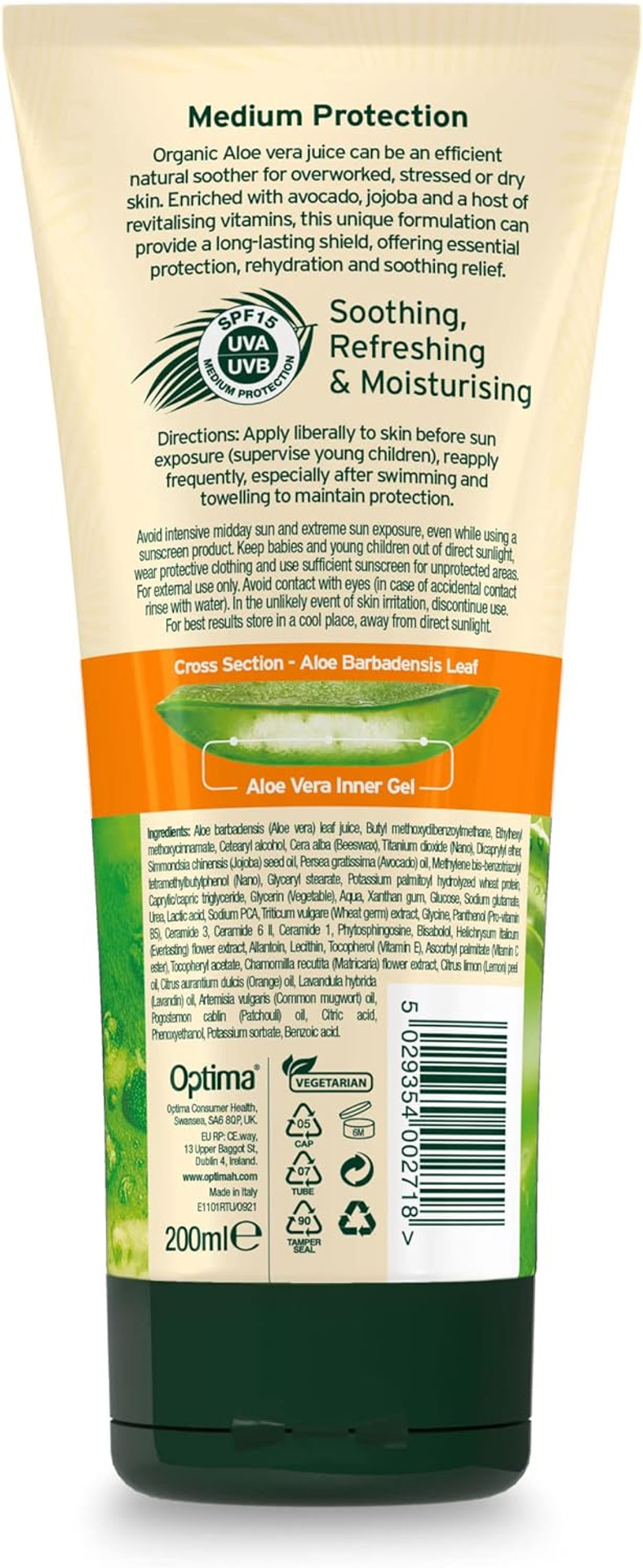 Aloe Pura Sun Cream Lotion SPF 15, Soothing Aloe Vera, Medium Protection UVA & UVB, Hyrdate and Protect, Natural, 200ml