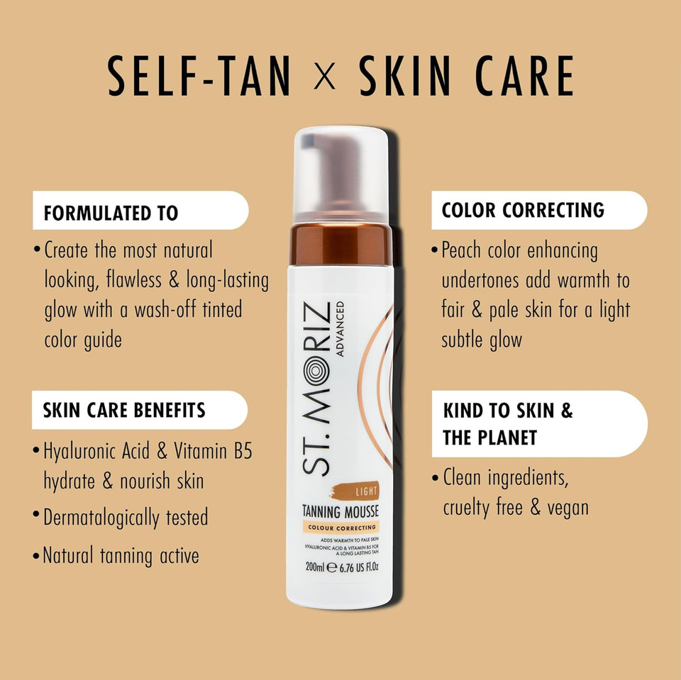 St Moriz Advanced Colour Correcting Tanning Mousse in Light | With Hyaluronic Acid, Vitamin B5 & Advanced Skin Care Benefits | Adds Warmth to Fair Skin | Fast-Drying Vegan Fake Tan Mousse | 200ml St Moriz Advanced Colour Correcting Tanning Mousse in Light | With Hyaluronic Acid, Vitamin B5 & Advanced Skin Care Benefits | Adds Warmth to Fair Skin | Fast-Drying Vegan Fake Tan Mousse | 200ml
